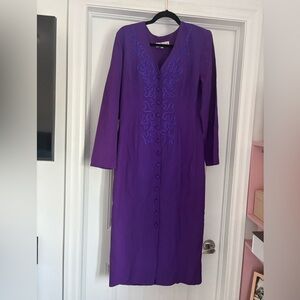 Vintage Sophisticate Purple Embroidered Dress with Fabric Buttons Shoulder Pads